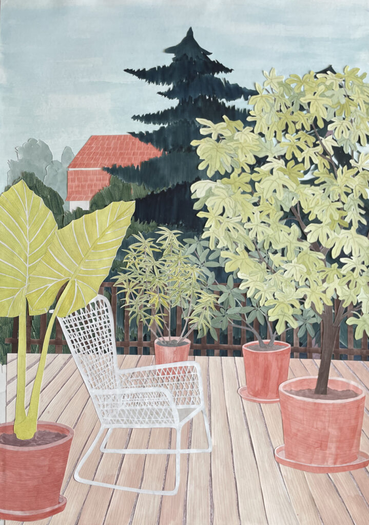 Terrasse Dovskygasse, Scherenschnitt / Collage, Stadtnatur, Farbstift und Aquarell auf Papier, Stärke, 100 x 68 cm, 2023