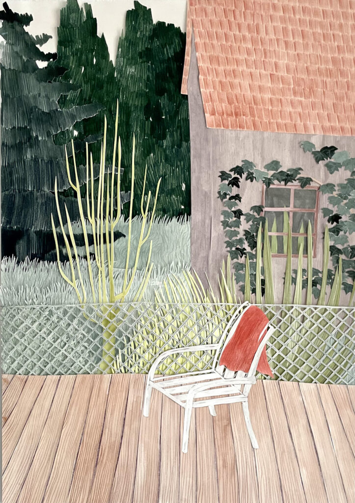 Terrasse, Theodor Körner Straße, Scherenschnitt / Collage, Stadtnatur, Farbstift und Aquarell auf Papier, Stärke, 59,5 x 42 cm, 2023